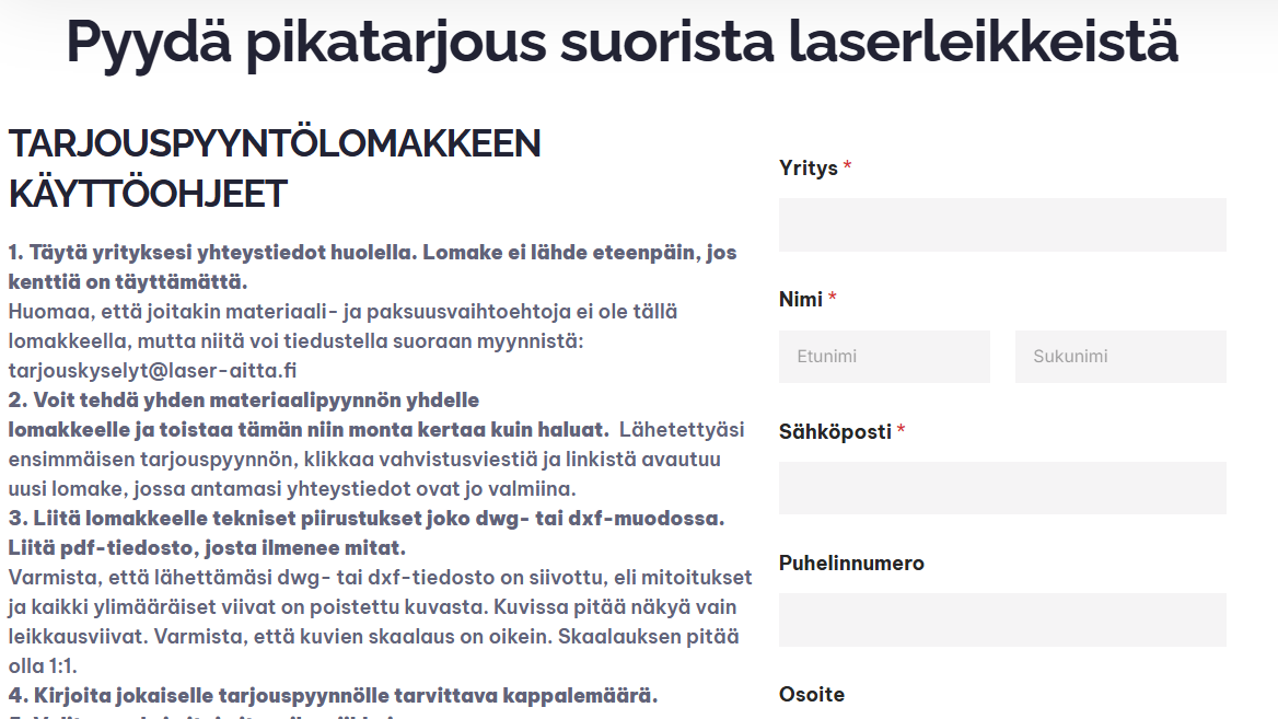 Kuvassa on ote tarjouspyyntölomakkeesta