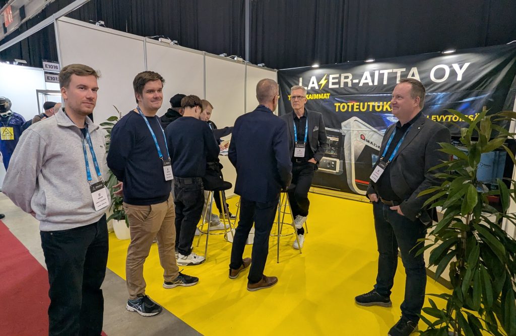 Laser-Aitan osasto Alihankinta-messuilla Tampereella 2026 Mikko Tuominen, Topi Virtanen, Juha Säteri ja Jani Tamminen